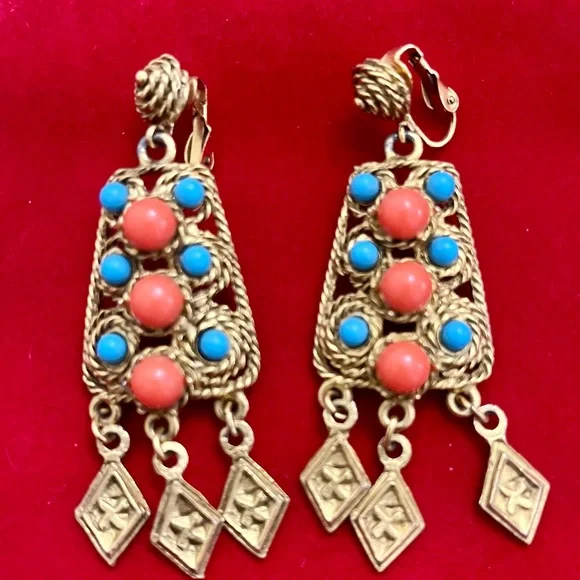 Vintage Gold Coral Turquoise Dangle Earrings - Picture 2 of 3